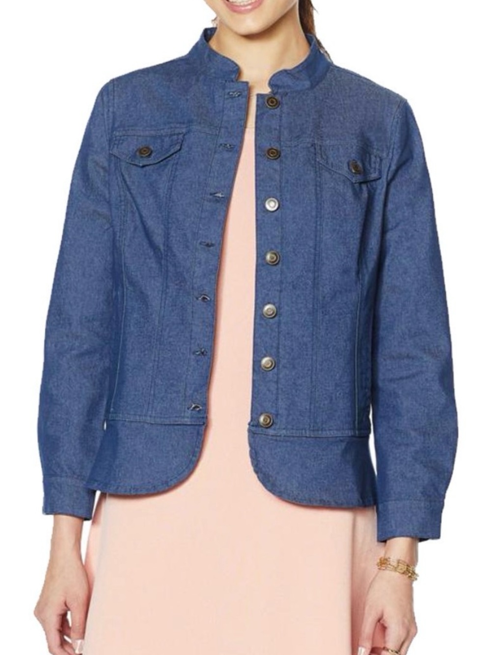 Nina Leonard Dark wash peplum Jean Jacket